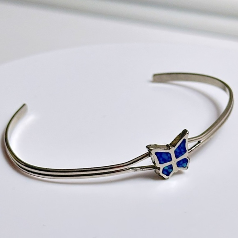VTG & Cute Dainty Silver Butterfly Cuff w. Turquoise | Artisan Alpaca Mexico EUC